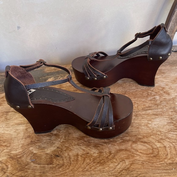 LTD FORNONNO Rare Vtg Brown Wood & Leather T-Strap Platform Sandals 37 Italy - Picture 6 of 13